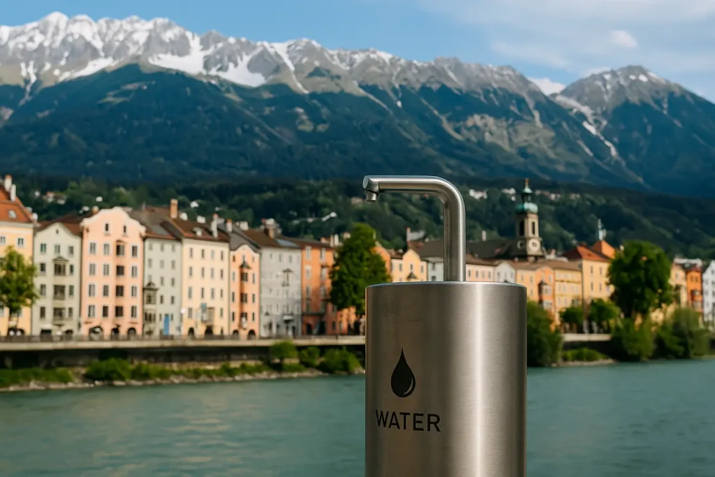 Moderner Trinkbrunnen in Innsbruck vor alpiner Kulisse – kostenloses Trinkwasser für Städtereisende und Outdoor-Fans