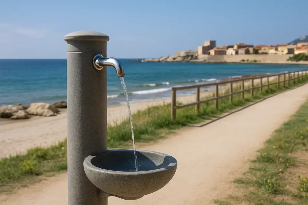 Trinkbrunnen an der Küste Sardiniens mit Strand, Promenade und Blick auf eine historische Stadt im Hintergrund